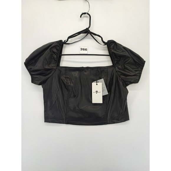 7 For All Mankind Tops - 7 For All Mankind Women's Black Faux Leather Puff Sleeves Crop Top Size L